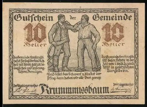 Notgeld Krummnussbaum 1920, 10 Heller, zwei Männer und Landschaft mit Baum und Bergen