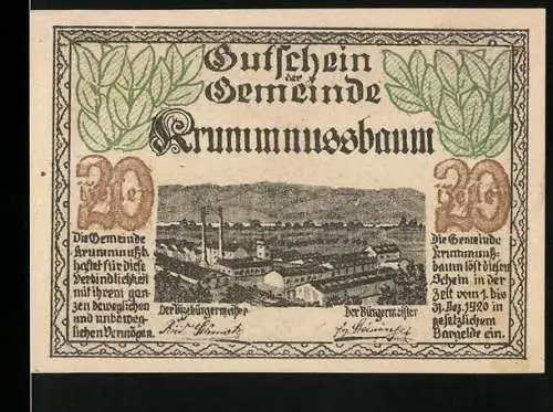 Notgeld Krummnussbaum 1920, 20 Heller, Landschaft mit Baum und Stadtansicht