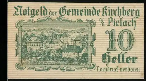 Notgeld Kirchberg an der Pielach 1920, 10 Heller, Landschaftsmotiv und Gedicht über das Pielachtal