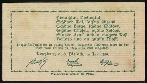 Notgeld Kirchberg an der Pielach 1920, 10 Heller, Landschaftsmotiv und Gedicht über das Pielachtal