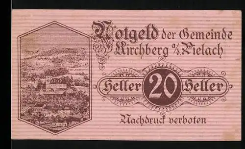 Notgeld Kirchberg an der Pielach 1920, 20 Heller, Landschaftsansicht und Gedicht über das Pielachtal