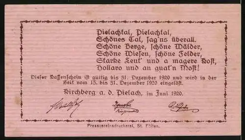 Notgeld Kirchberg an der Pielach 1920, 20 Heller, Landschaftsansicht und Gedicht über das Pielachtal