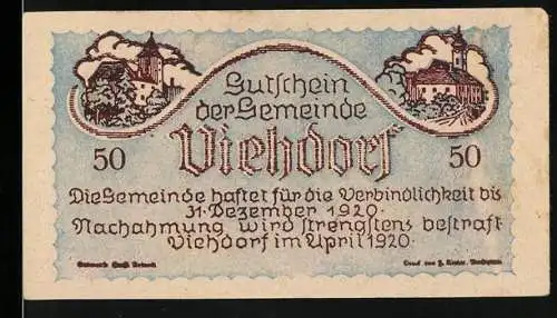 Notgeld Viehdorf 1920, 50 Heller, Ortsansicht und Viehherde, Gültigkeit bis 31. Dezember 1920