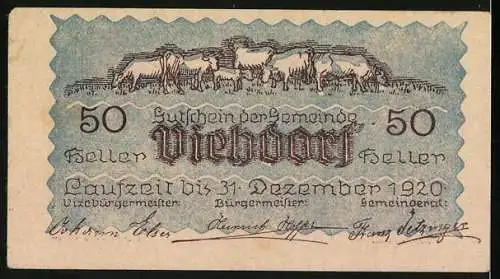 Notgeld Viehdorf 1920, 50 Heller, Ortsansicht und Viehherde, Gültigkeit bis 31. Dezember 1920