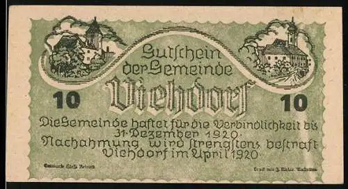 Notgeld Viehdorf 1920, 10 Heller, Ortsansichten und Rinderherde, Gültigkeit bis 31. Dezember 1920