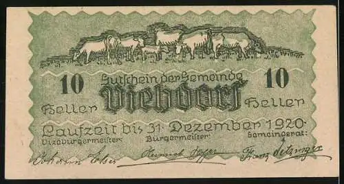 Notgeld Viehdorf 1920, 10 Heller, Ortsansichten und Rinderherde, Gültigkeit bis 31. Dezember 1920