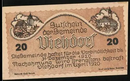 Notgeld Viehdorf 1920, 20 Heller, Dorfansichten und Viehherde