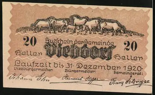 Notgeld Viehdorf 1920, 20 Heller, Dorfansichten und Viehherde