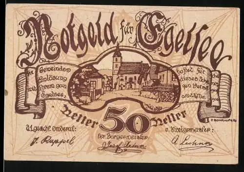 Notgeld Egelsee 1920, 50 Heller, Dorfansicht mit Kirche und Schriftrollen