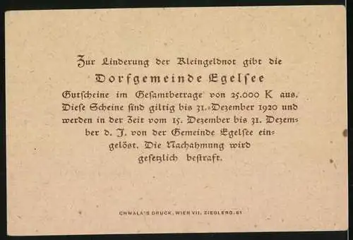 Notgeld Egelsee 1920, 50 Heller, Dorfansicht mit Kirche und Schriftrollen