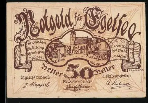 Notgeld Egelsee 1920, 50 Heller, Dorfszene mit Kirche und Schriftrolle