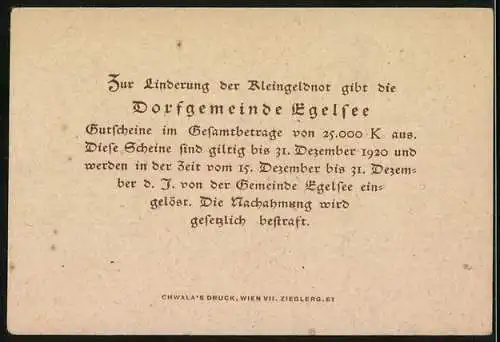 Notgeld Egelsee 1920, 50 Heller, Dorfszene mit Kirche und Schriftrolle