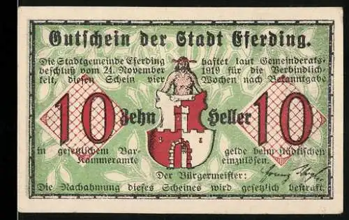 Notgeld Eferding 1919, 10 Heller, Wappen und historischer Blick durch das Linzer Tor um 1800