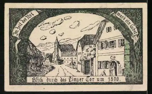 Notgeld Eferding 1919, 10 Heller, Wappen und historischer Blick durch das Linzer Tor um 1800
