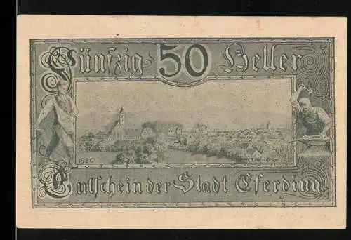 Notgeld Eferding 1920, 50 Heller, Stadtansicht mit Figuren und Schriftzug Eferding zur Zeit des Bauernkrieges