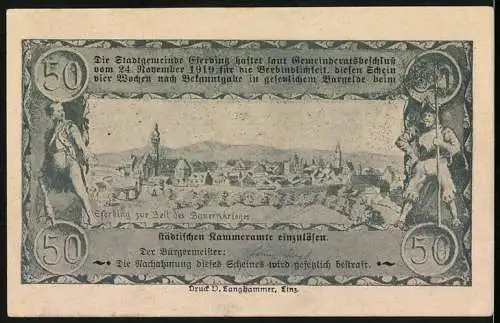 Notgeld Eferding 1920, 50 Heller, Stadtansicht mit Figuren und Schriftzug Eferding zur Zeit des Bauernkrieges