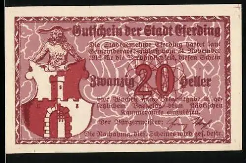 Notgeld Eferding 1919, 20 Heller, Stadtwappen und Stadtansicht mit Kirche und Vögeln