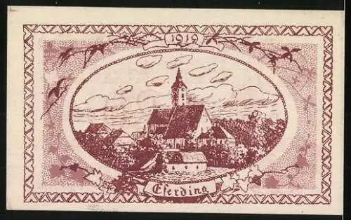 Notgeld Eferding 1919, 20 Heller, Stadtwappen und Stadtansicht mit Kirche und Vögeln