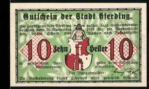 Notgeld Eferding 1919, 10 Heller, Wappen und historische Ansicht durch das Linzer Tor um 1800