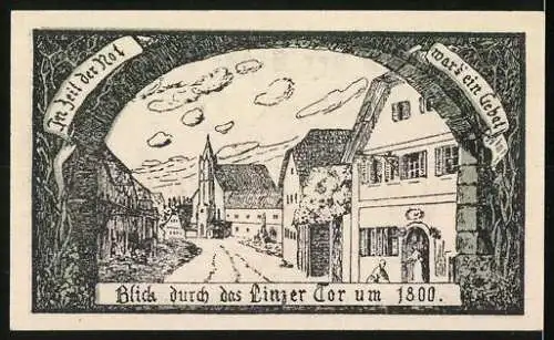 Notgeld Eferding 1919, 10 Heller, Wappen und historische Ansicht durch das Linzer Tor um 1800