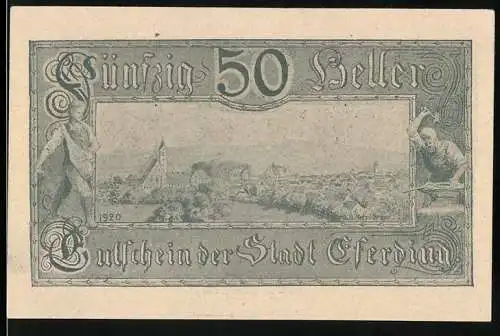 Notgeld Eferding 1920, 50 Heller, Stadtansicht mit Figuren und Schriftzug Gutschein der Stadt Eferding