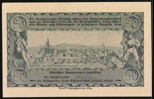 Notgeld Eferding 1920, 50 Heller, Stadtansicht mit Figuren und Schriftzug Gutschein der Stadt Eferding