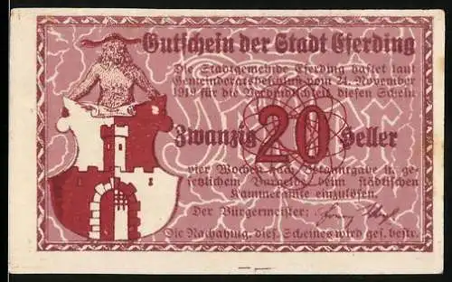 Notgeld Eferding 1919, 20 Heller, Burg und Stadtansicht mit Kirche und Wolkenhimmel