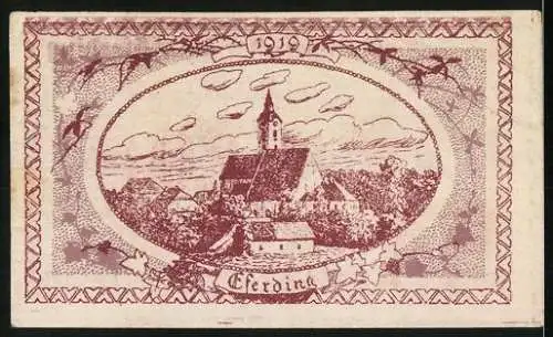 Notgeld Eferding 1919, 20 Heller, Burg und Stadtansicht mit Kirche und Wolkenhimmel