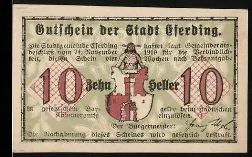 Notgeld Eferding 1919, 10 Heller, Stadtwappen und Blick durch das Linzer Tor um 1800