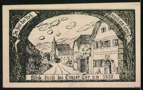 Notgeld Eferding 1919, 10 Heller, Stadtwappen und Blick durch das Linzer Tor um 1800