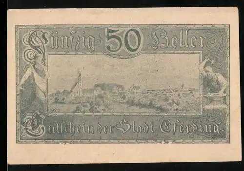 Notgeld Eferding 1920, 50 Heller, Stadtansicht mit Figuren und Landschaft