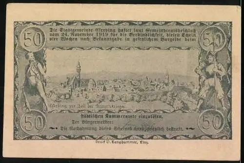 Notgeld Eferding 1920, 50 Heller, Stadtansicht mit Figuren und Landschaft