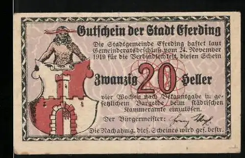 Notgeld Eferding 1919, 20 Heller, Stadtwappen mit Ritter, Stadtansicht mit Kirche und Vögeln