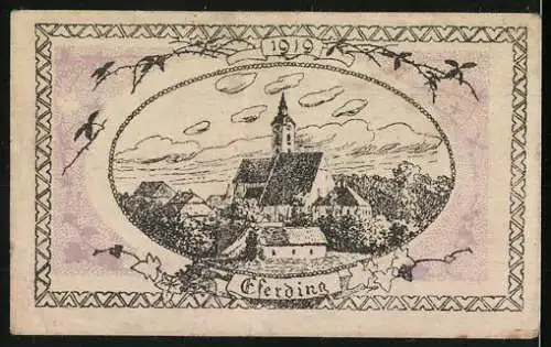 Notgeld Eferding 1919, 20 Heller, Stadtwappen mit Ritter, Stadtansicht mit Kirche und Vögeln