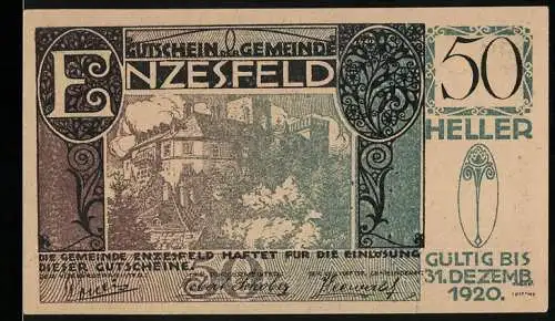 Notgeld Enzesfeld 1920, 50 Heller, Landschaftsmotiv mit Gebäuden, gültig bis 31. Dezember 1920