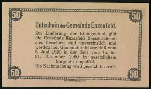 Notgeld Enzesfeld 1920, 50 Heller, Landschaftsmotiv mit Gebäuden, gültig bis 31. Dezember 1920