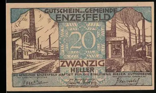 Notgeld Enzesfeld 1920, 20 Heller, Fabrikansichten und dekoratives Muster