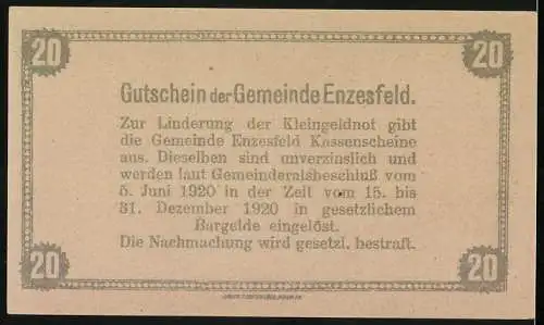 Notgeld Enzesfeld 1920, 20 Heller, Fabrikansichten und dekoratives Muster