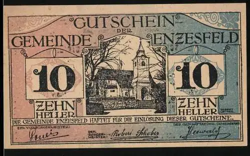 Notgeld Enzesfeld 1920, 10 Heller, Kirche und Bäume, Gemeindegutschein zur Kleingeldnotlinderung