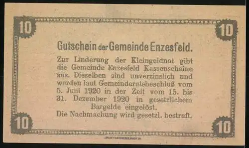 Notgeld Enzesfeld 1920, 10 Heller, Kirche und Bäume, Gemeindegutschein zur Kleingeldnotlinderung