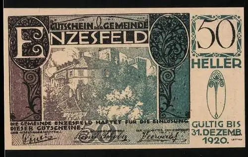 Notgeld Enzesfeld 1920, 50 Heller, Schlossansicht und dekorative Ornamente