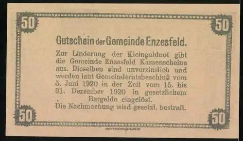 Notgeld Enzesfeld 1920, 50 Heller, Schlossansicht und dekorative Ornamente