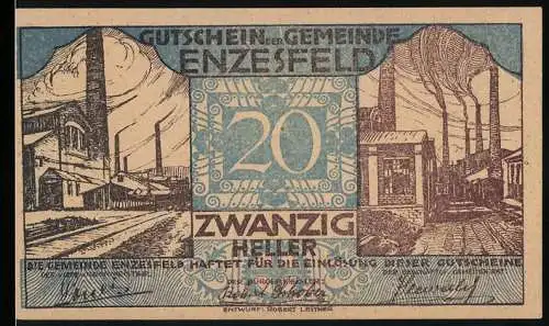 Notgeld Enzesfeld 1920, 20 Heller, Industrielle Landschaft mit Fabrikgebäuden und Schornsteinen