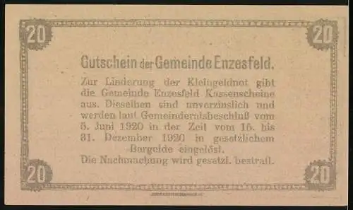 Notgeld Enzesfeld 1920, 20 Heller, Industrielle Landschaft mit Fabrikgebäuden und Schornsteinen