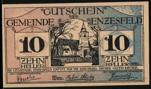 Notgeld Enzesfeld 1920, 10 Heller, Kirche und Bäume im Winter, Gutschein der Gemeinde Enzesfeld