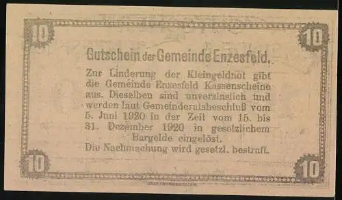 Notgeld Enzesfeld 1920, 10 Heller, Kirche und Bäume im Winter, Gutschein der Gemeinde Enzesfeld