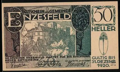 Notgeld Enzesfeld 1920, 50 Heller, Landschaft mit Gebäude, Ornamentik und Gültigkeitsangabe