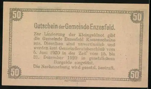 Notgeld Enzesfeld 1920, 50 Heller, Landschaft mit Gebäude, Ornamentik und Gültigkeitsangabe