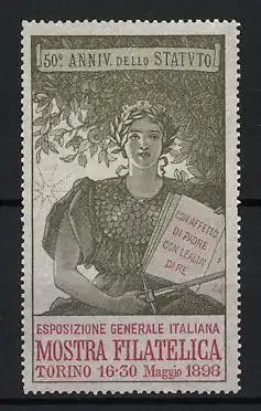 Reklamemarke Torino, Mostra Filatelica 1898, Frau mit Buch und Lorbeerkranz