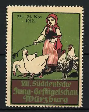 Reklamemarke Würzburg, VII. Süddeutsche Jung-Geflügelschau 1912, Kind mit Geflügel